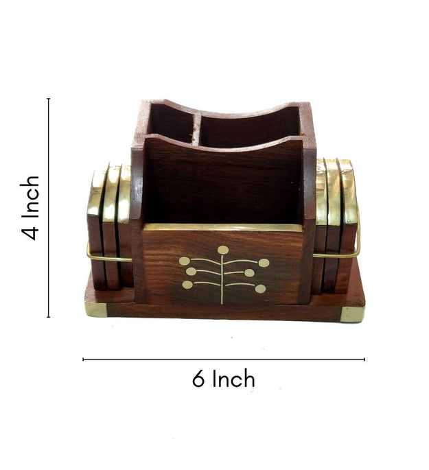 LocalLane Brass Engraved Sheesham Wood Cutlery Holder/Desk Organizer with 6 Coasters