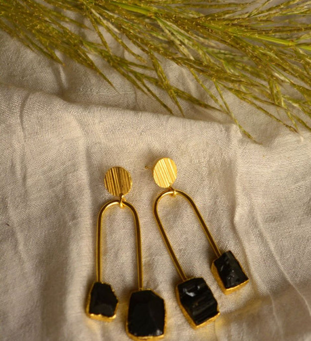 LocalLane Black Gemstone Handmade Brass Earrings