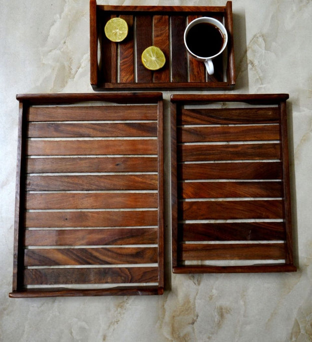 LocalLane Handcrafted Sheesham Wood Serving Trays – Set of 3