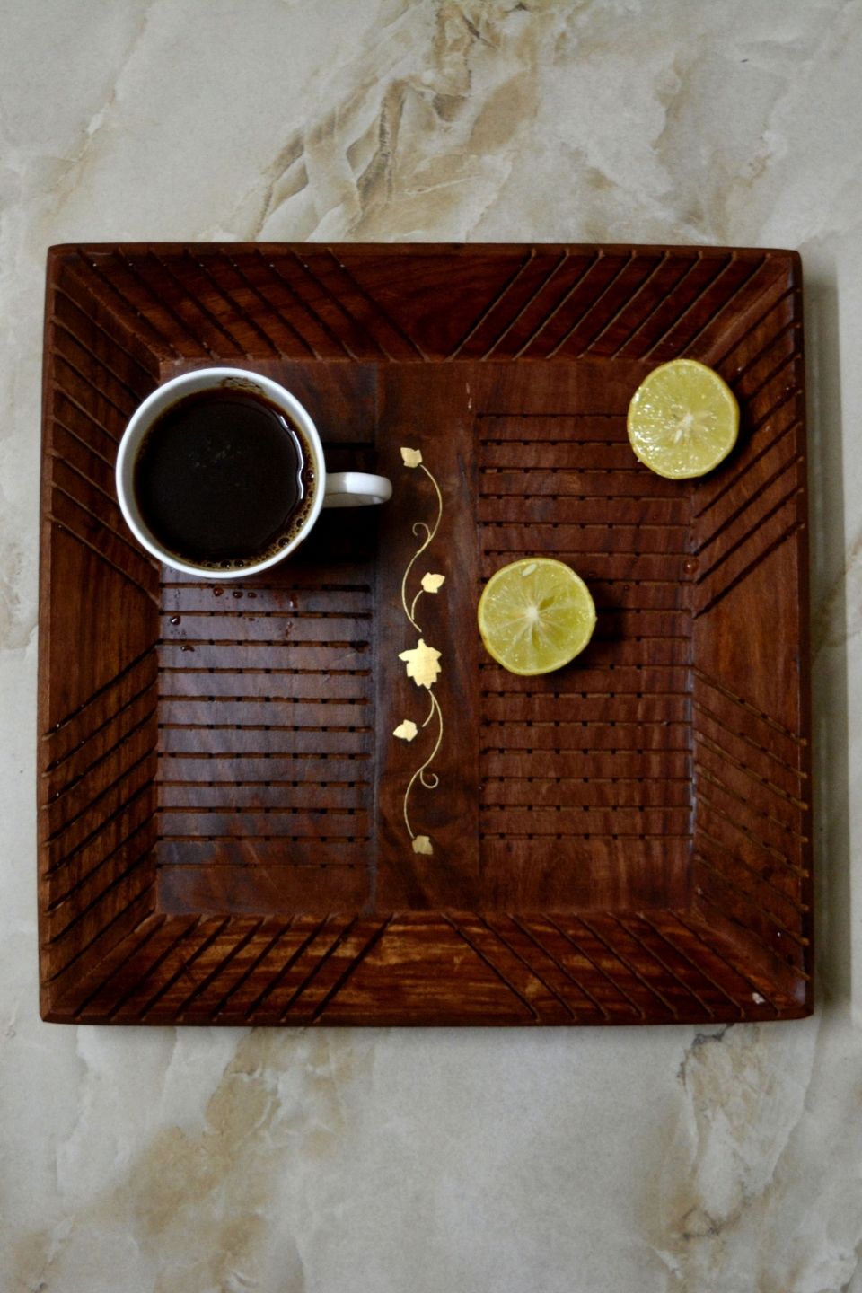 LocalLane Royal Brass Engraved Sheesham Wood Serving Tray