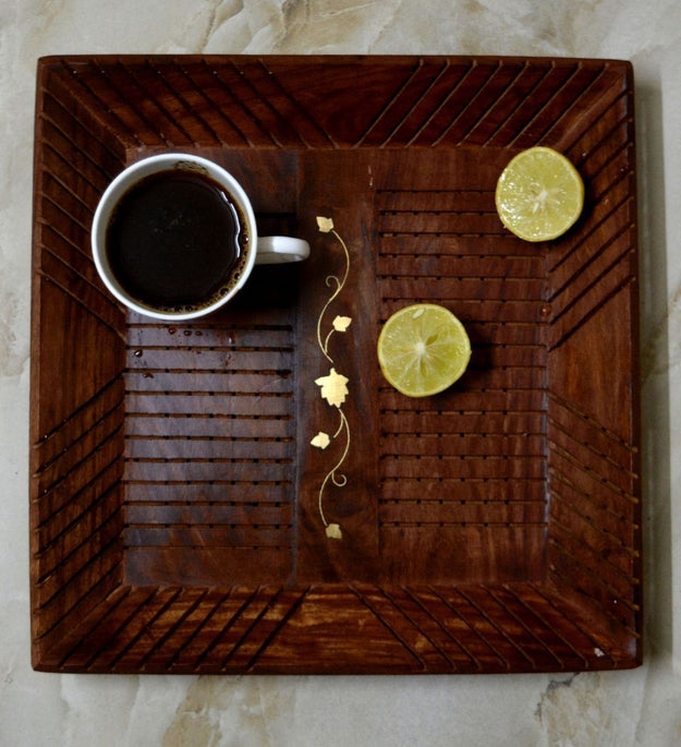 LocalLane Royal Brass Engraved Sheesham Wood Serving Tray