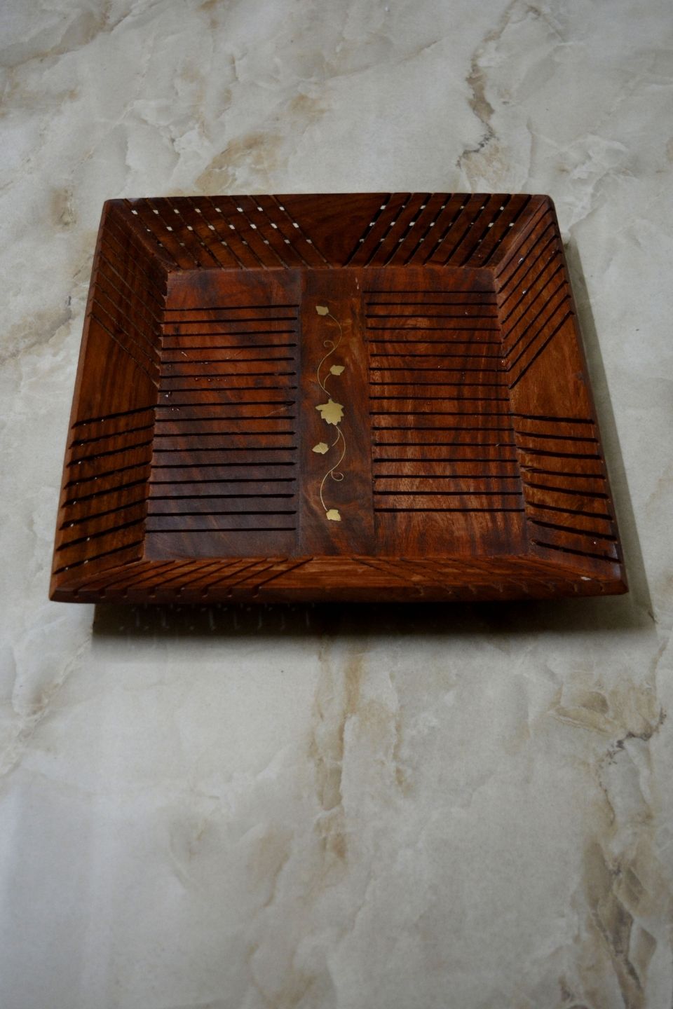 LocalLane Royal Brass Engraved Sheesham Wood Serving Tray