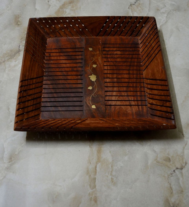 LocalLane Royal Brass Engraved Sheesham Wood Serving Tray