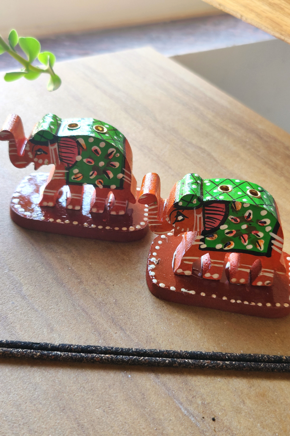 LocalLane Hand-painted Wooden Elephant Incense Stick Holder – Set of 2