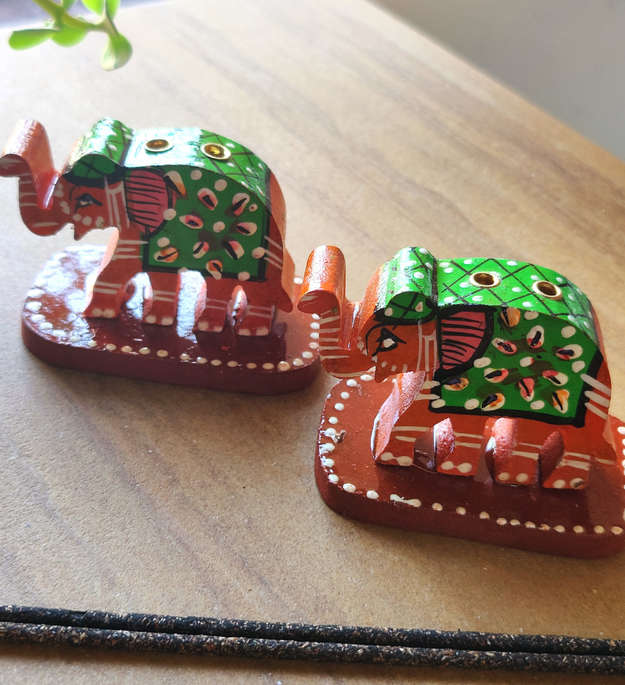 LocalLane Hand-painted Wooden Elephant Incense Stick Holder – Set of 2