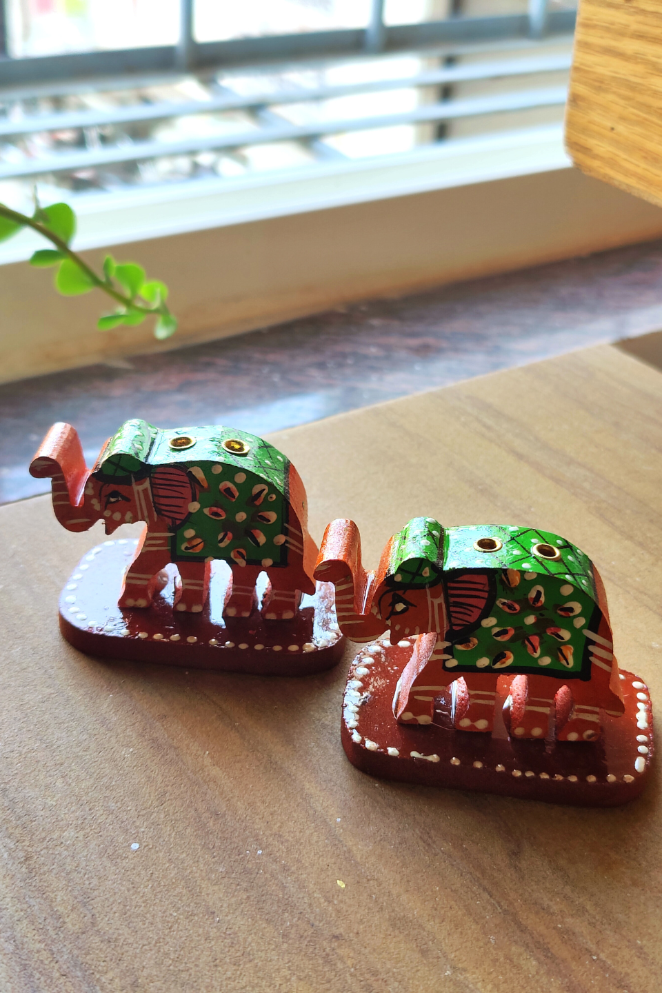 LocalLane Hand-painted Wooden Elephant Incense Stick Holder – Set of 2