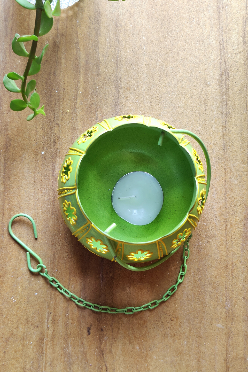 LocalLane Green Hand-Painted Floral Hanging Tea-light Holder