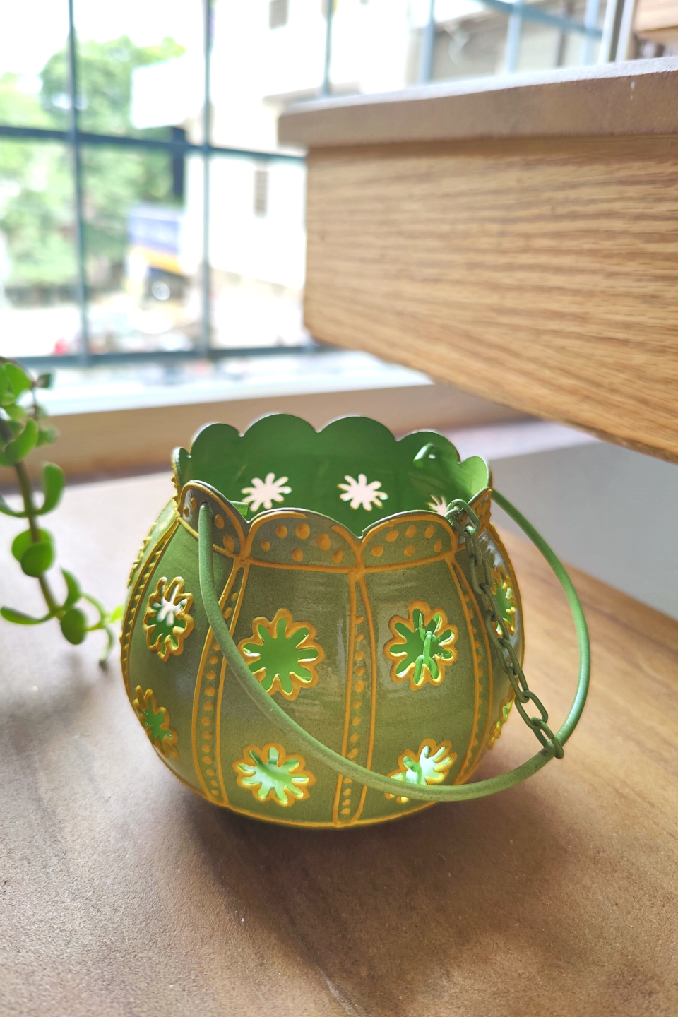 LocalLane Green Hand-Painted Floral Hanging Tea-light Holder