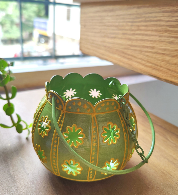 LocalLane Green Hand-Painted Floral Hanging Tea-light Holder