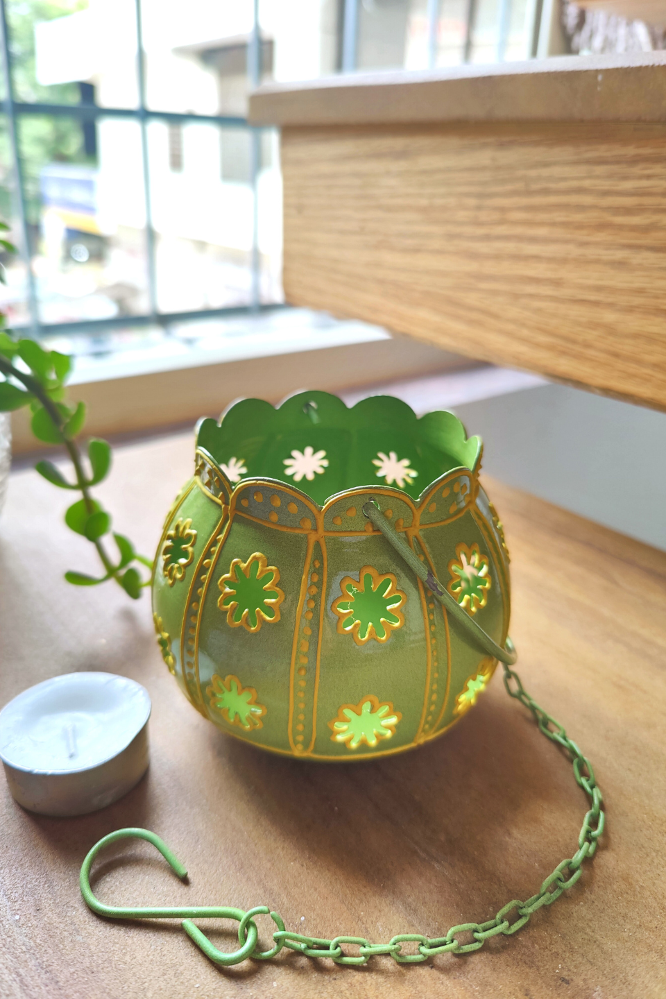 LocalLane Green Hand-Painted Floral Hanging Tea-light Holder