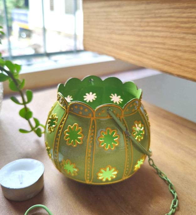 LocalLane Green Hand-Painted Floral Hanging Tea-light Holder