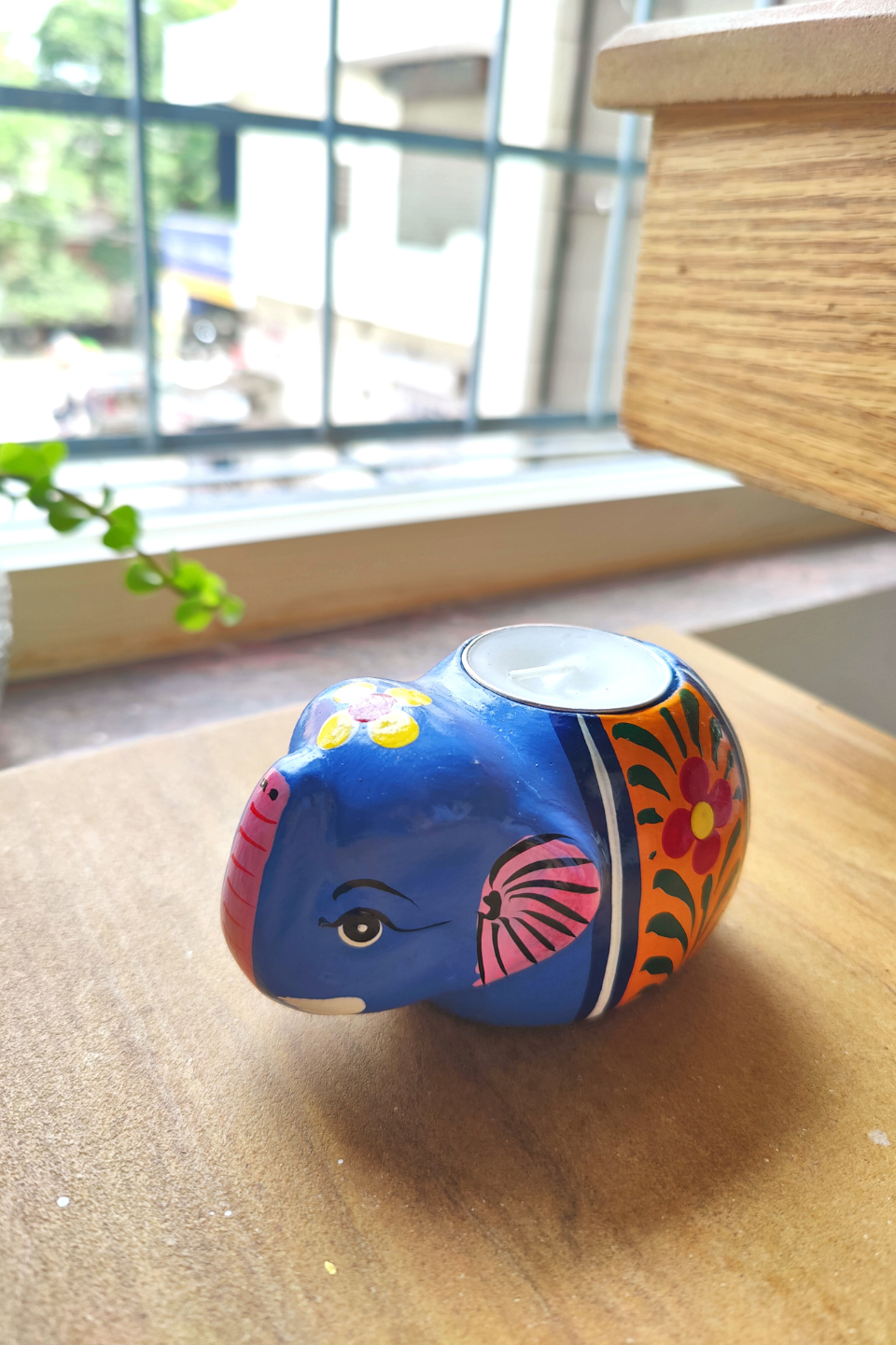 LocalLane Hand-Painted Elephant Paper Mache Tea-light Holder – Set of 2