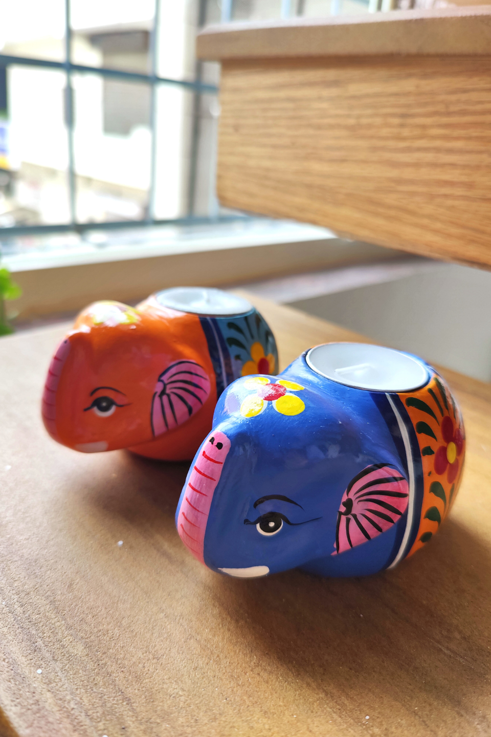 LocalLane Hand-Painted Elephant Paper Mache Tea-light Holder – Set of 2