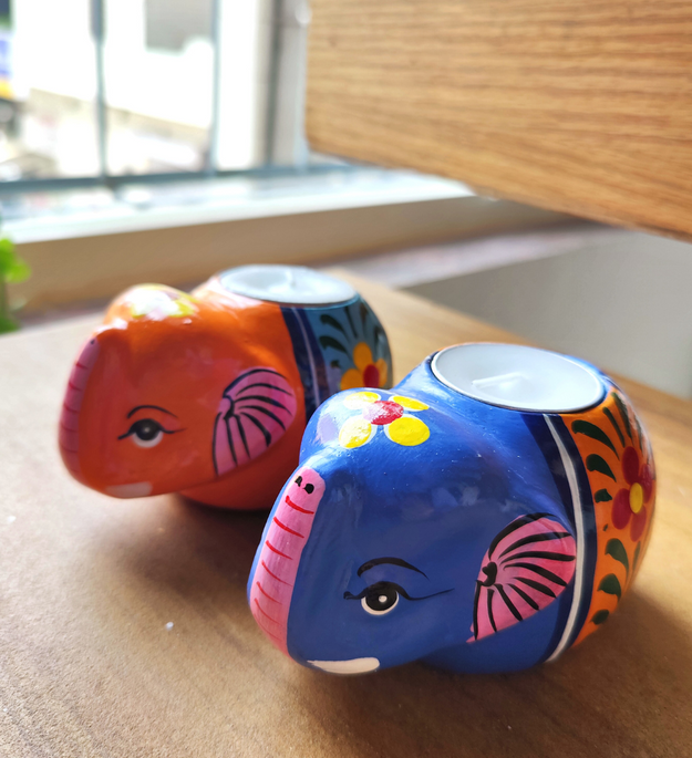 LocalLane Hand-Painted Elephant Paper Mache Tea-light Holder – Set of 2