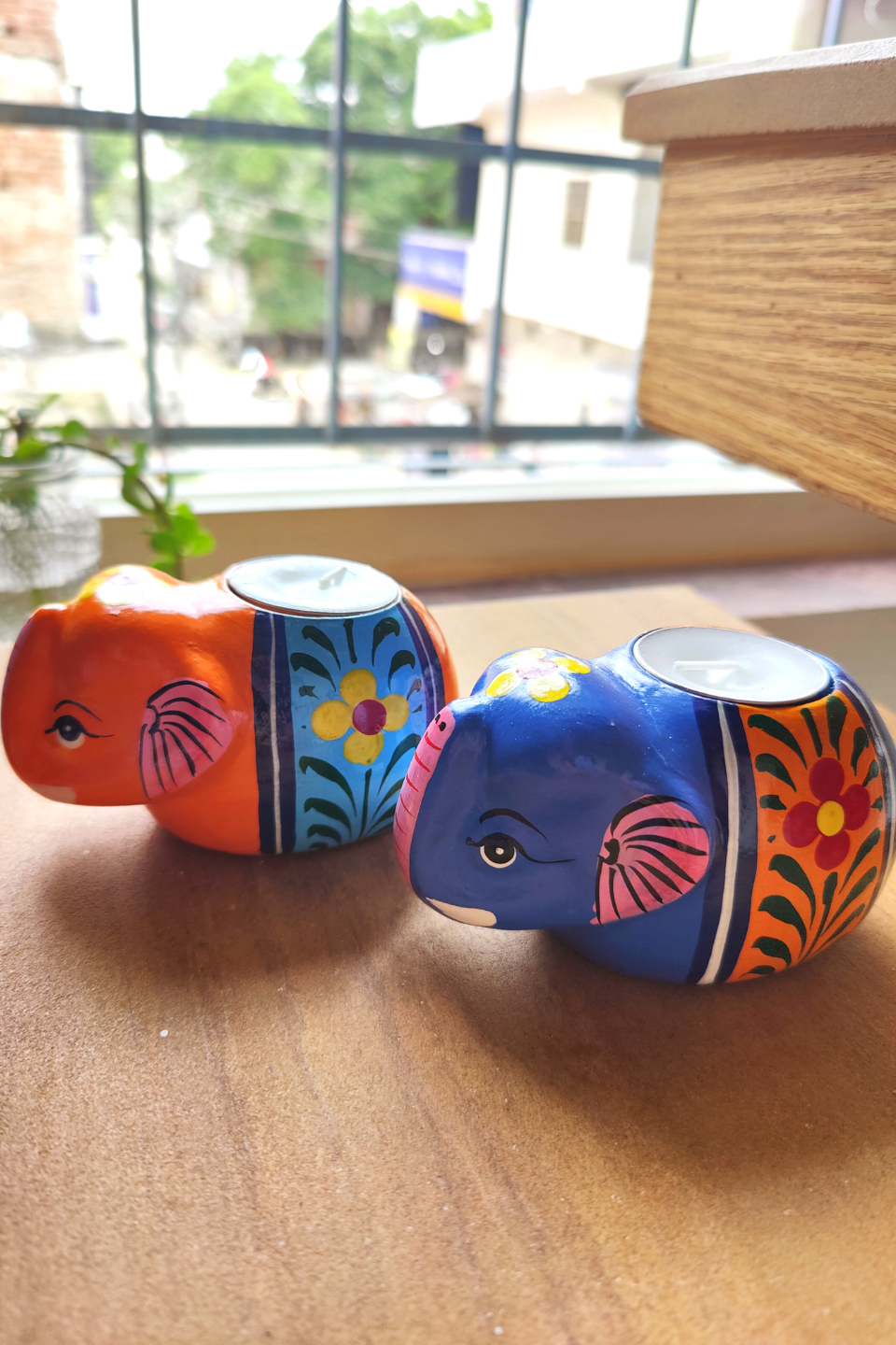 LocalLane Hand-Painted Elephant Paper Mache Tea-light Holder – Set of 2