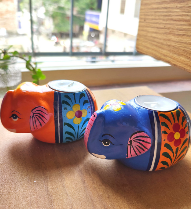 LocalLane Hand-Painted Elephant Paper Mache Tea-light Holder – Set of 2