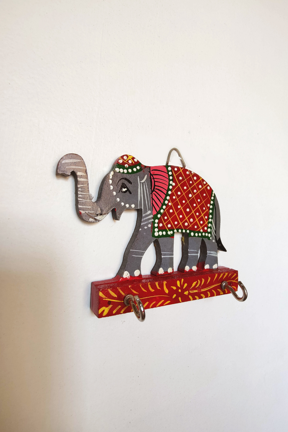 LocalLane Hand-Painted Wooden Elephant Key Holder (2 Hooks)