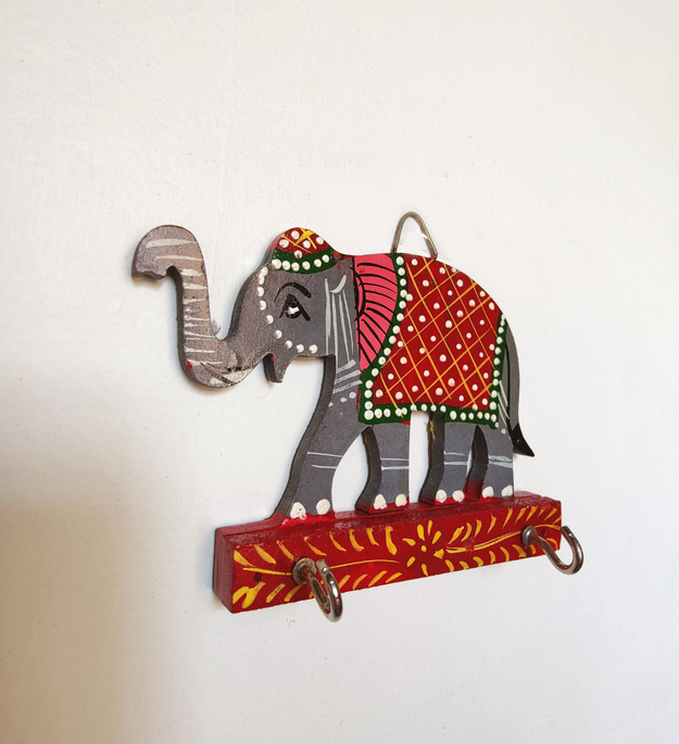 LocalLane Hand-Painted Wooden Elephant Key Holder (2 Hooks)