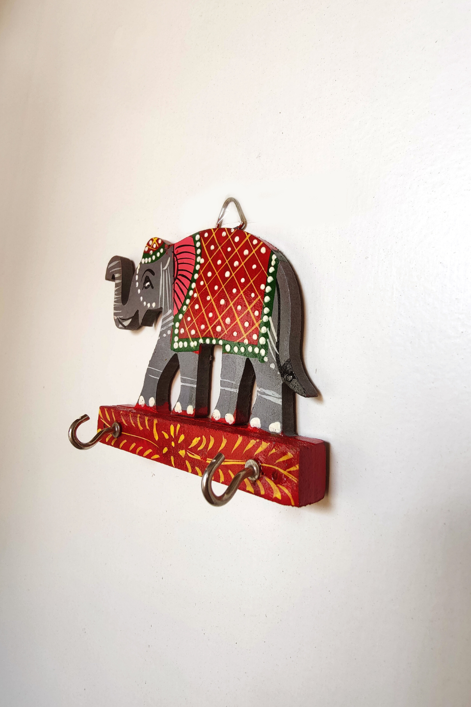 LocalLane Hand-Painted Wooden Elephant Key Holder (2 Hooks)