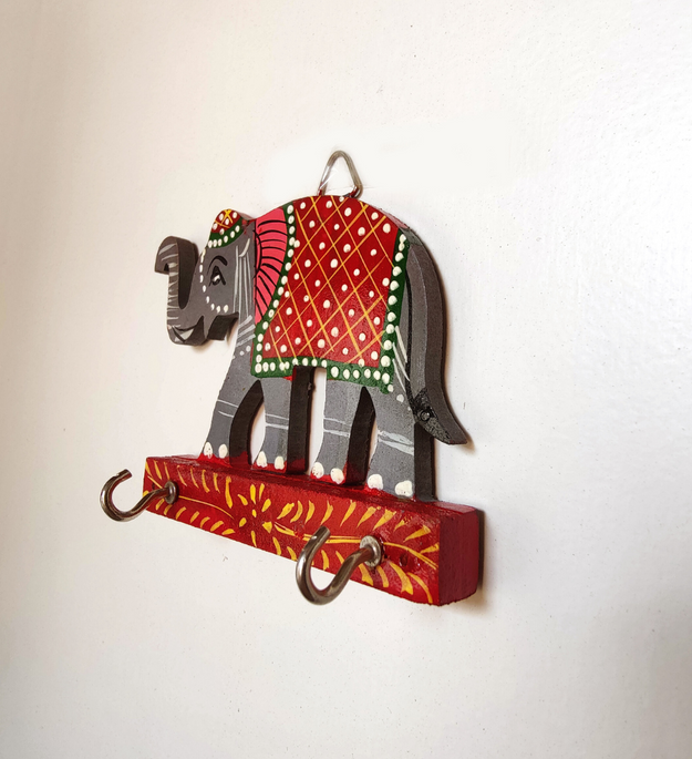 LocalLane Hand-Painted Wooden Elephant Key Holder (2 Hooks)