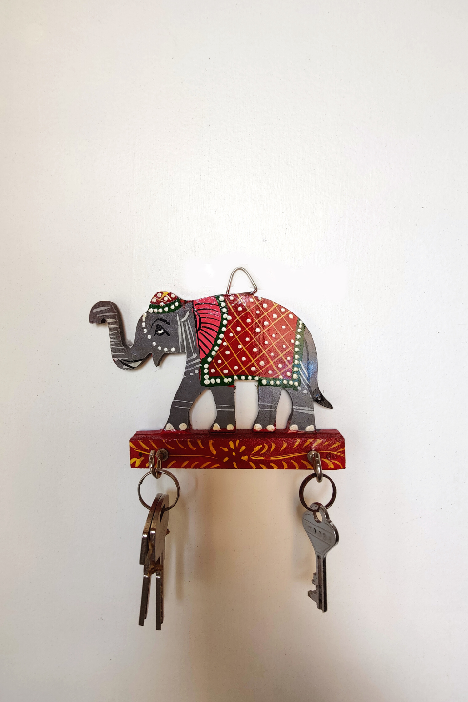 LocalLane Hand-Painted Wooden Elephant Key Holder (2 Hooks)