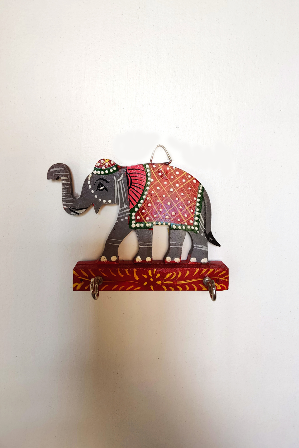 LocalLane Hand-Painted Wooden Elephant Key Holder (2 Hooks)