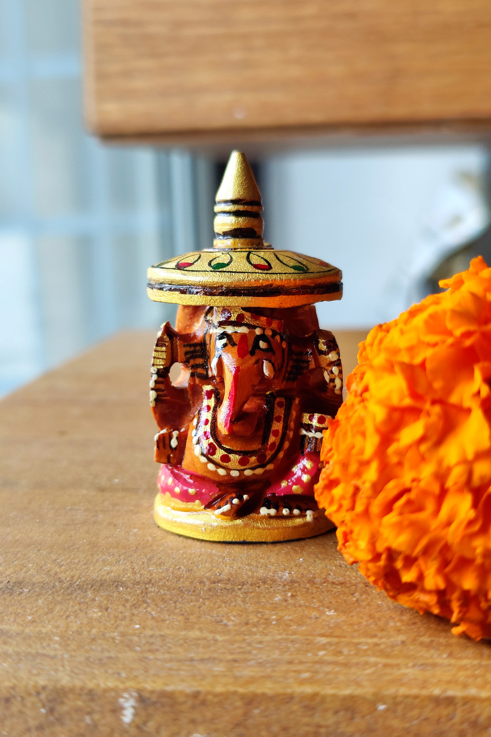 LocalLane Hand-Carved & Hand-Painted Wooden Mini Ganesha Idol