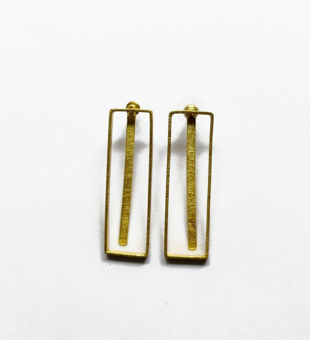 LocalLane Sleek Bar Drop and Layered Rectangle Handmade Brass Earrings