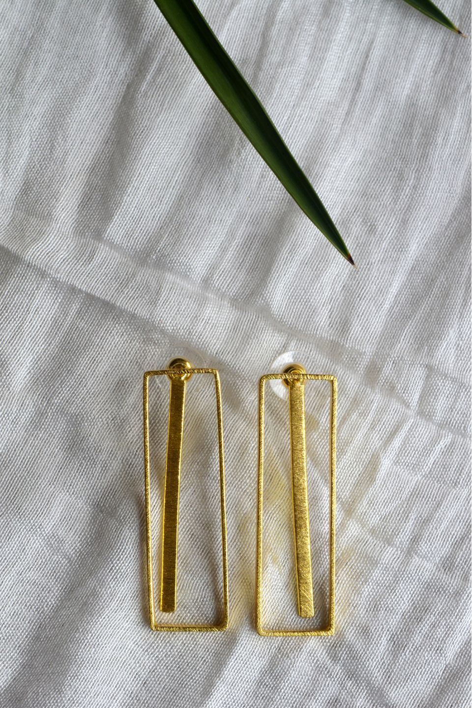 LocalLane Sleek Bar Drop and Layered Rectangle Handmade Brass Earrings