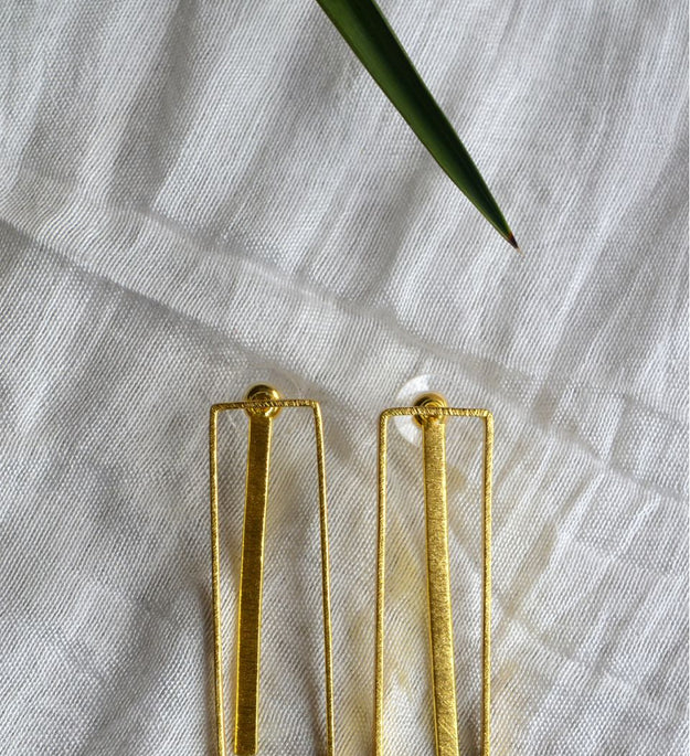 LocalLane Sleek Bar Drop and Layered Rectangle Handmade Brass Earrings