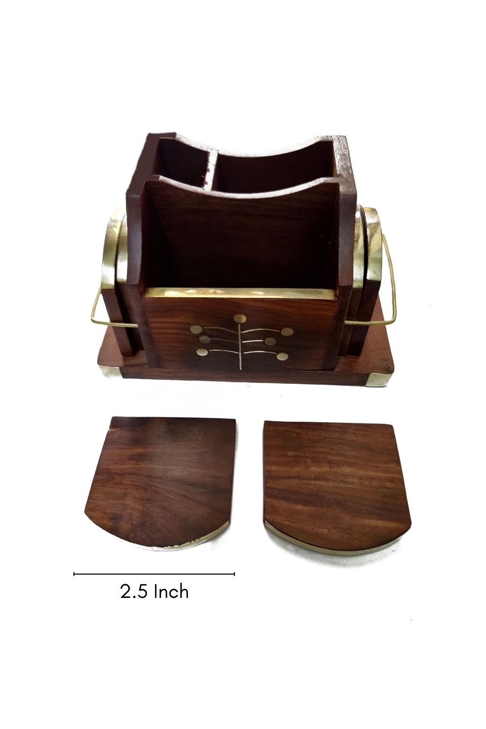 LocalLane Brass Engraved Sheesham Wood Cutlery Holder/Desk Organizer with 6 Coasters