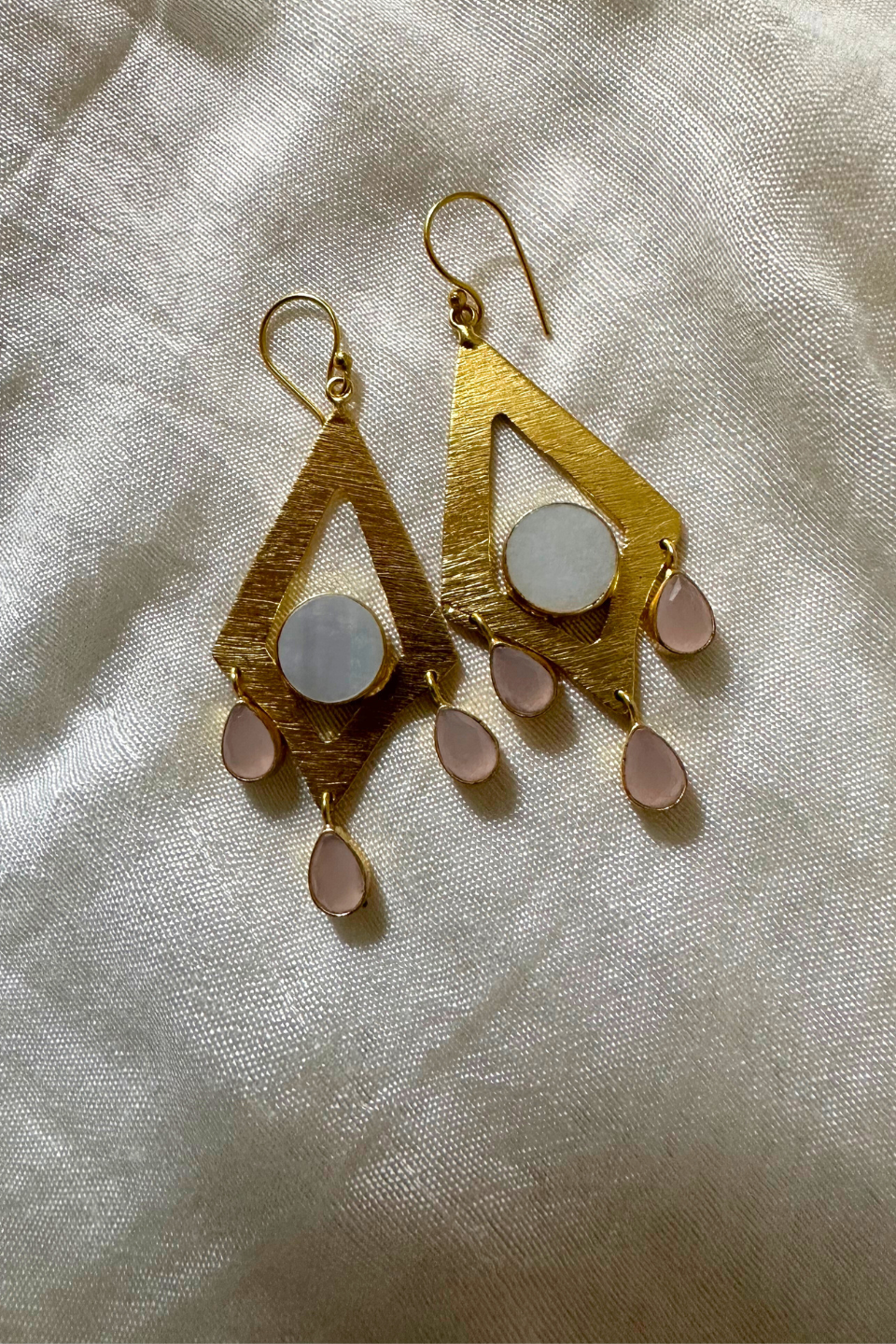 LocalLane Pink & White Gemstone Handmade Brass Earrings