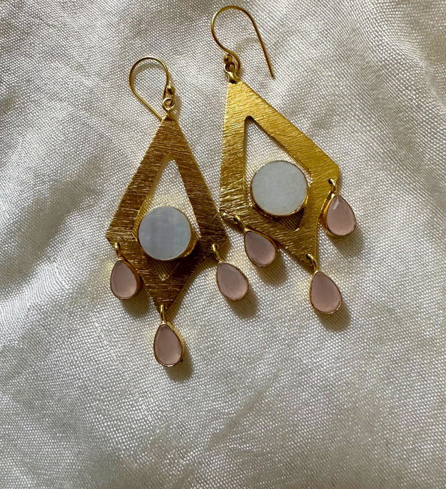 LocalLane Pink & White Gemstone Handmade Brass Earrings