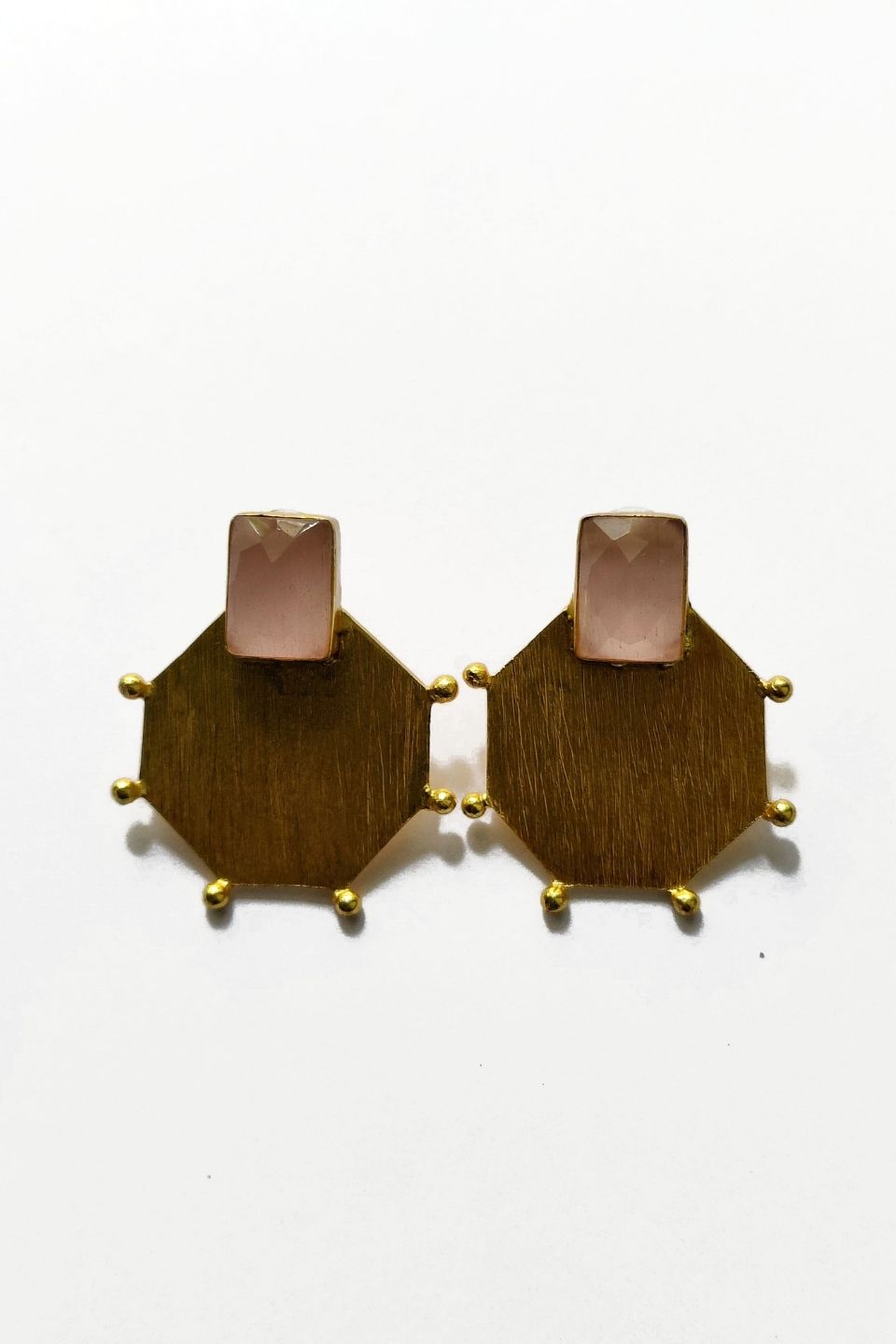 LocalLane Octagonal with Pink Stone Handmade Brass Earrings