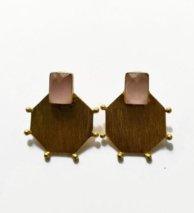 LocalLane Octagonal with Pink Stone Handmade Brass Earrings