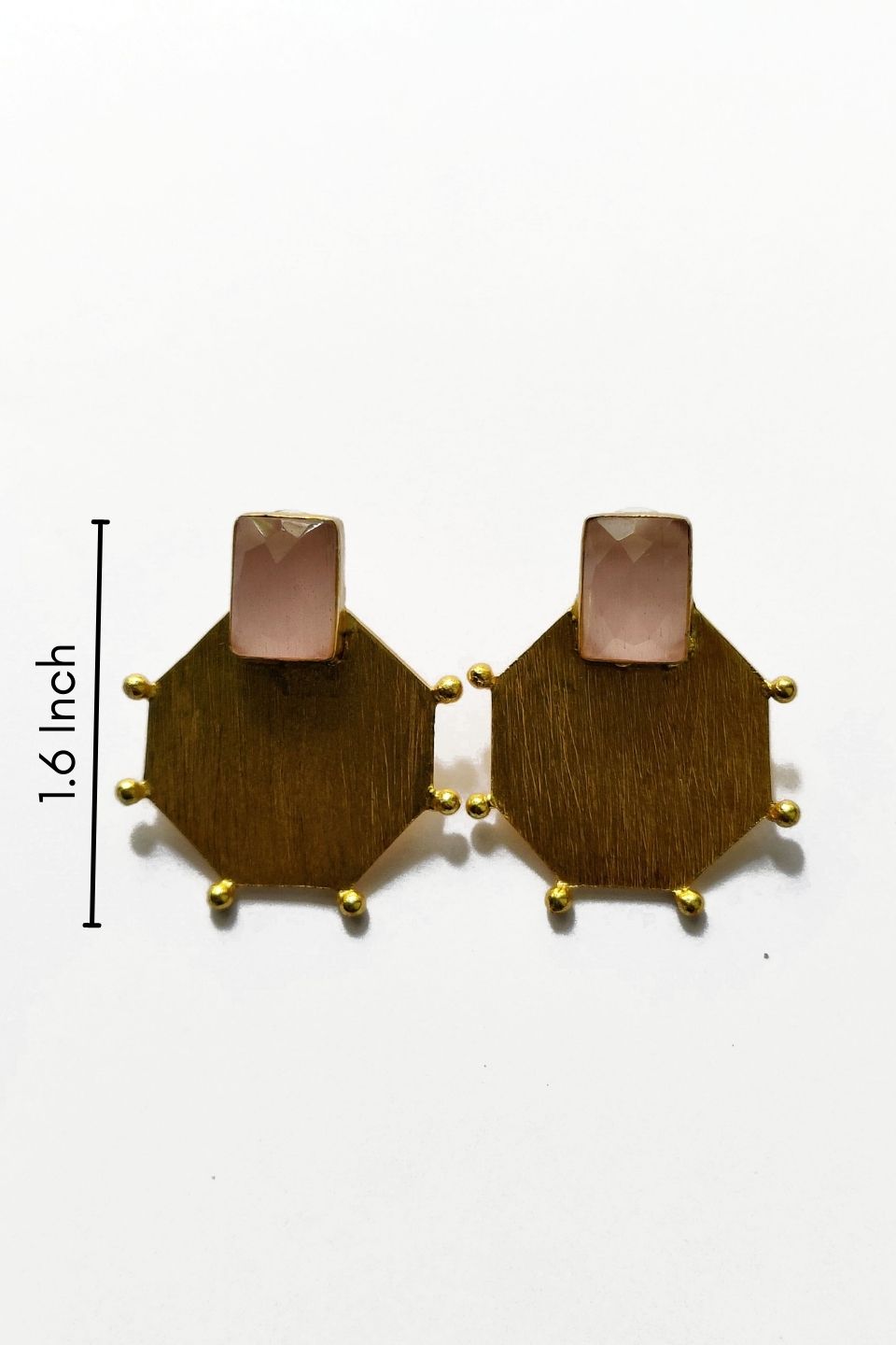 LocalLane Octagonal with Pink Stone Handmade Brass Earrings