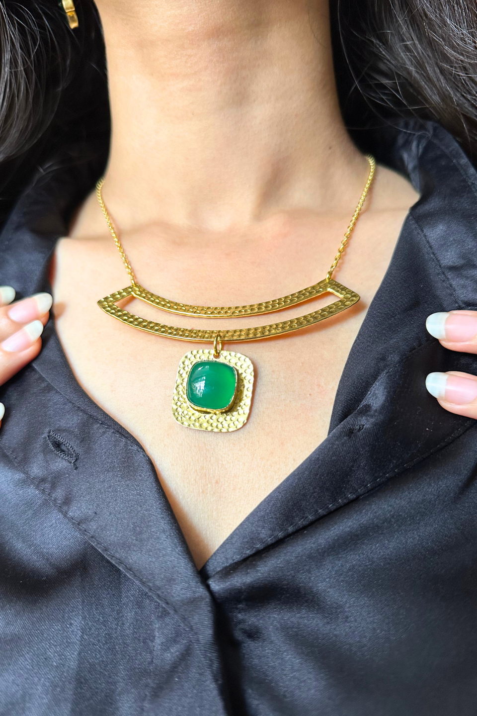 LocalLane Handcrafted Brass Emerald Gemstone Neck Piece