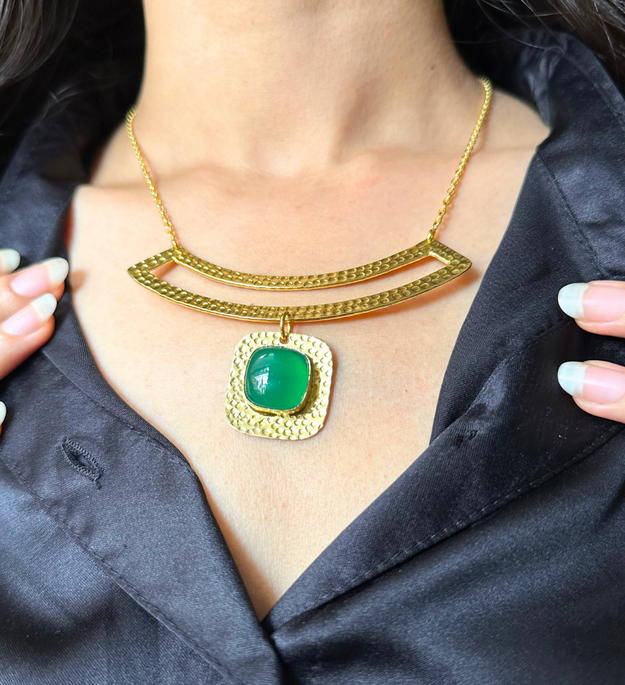 LocalLane Handcrafted Brass Emerald Gemstone Neck Piece