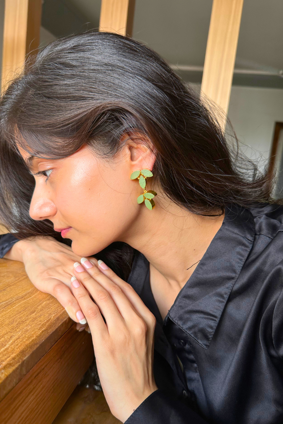 LocalLane Handcrafted Sea Green Leafy Drop Earrings