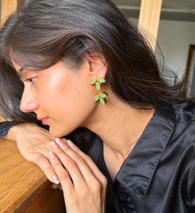 LocalLane Handcrafted Sea Green Leafy Drop Earrings