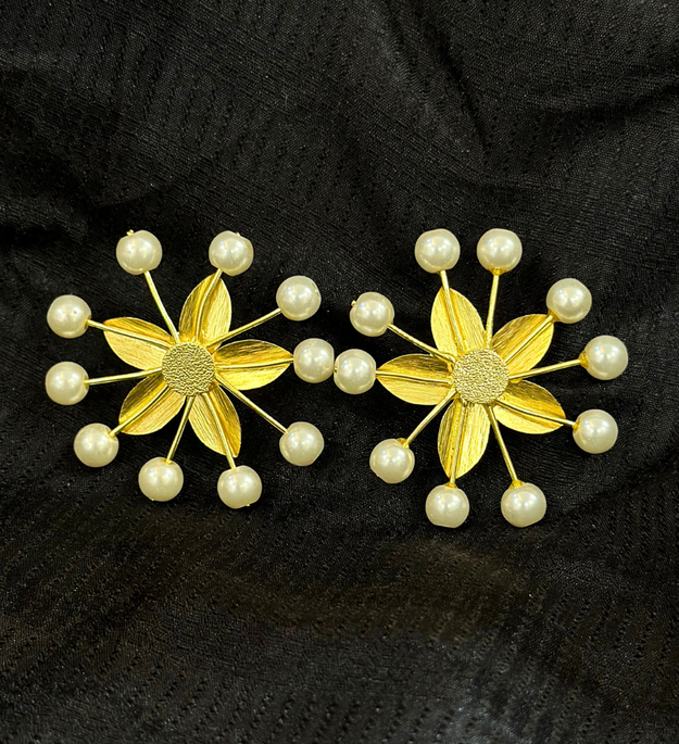 LocalLane Handcrafted Gold-Plated Lily Pearl & Brass Earrings