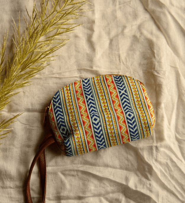 LocalLane Multicolour Boho Stripes Hand Block Printed Mini Pouch