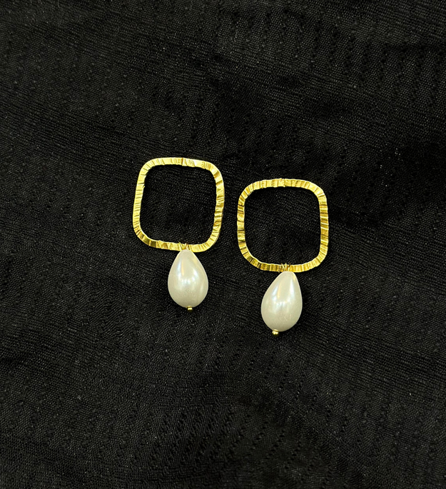 LocalLane Handcrafted Gold-Plated Square Pearl & Brass Studs