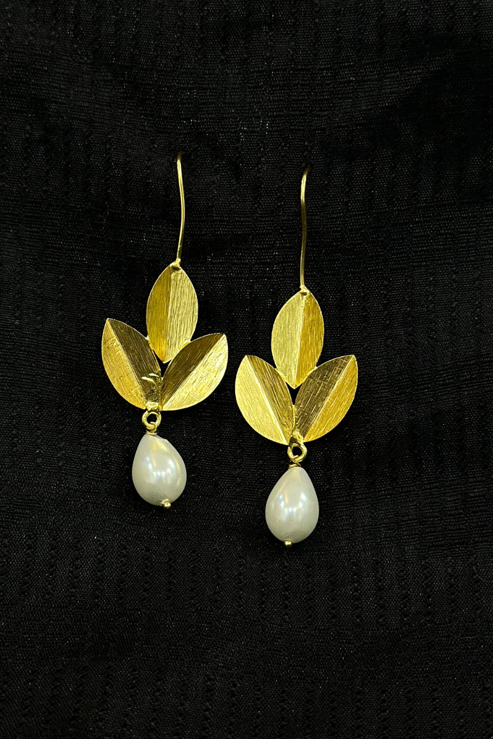 LocalLane Handcrafted Gold-Plated Leafy Pearl & Brass Earrings