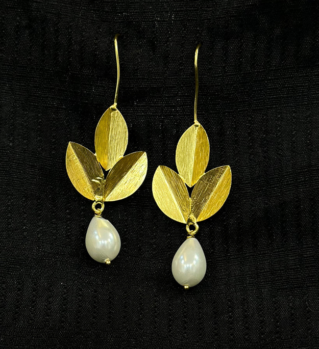 LocalLane Handcrafted Gold-Plated Leafy Pearl & Brass Earrings