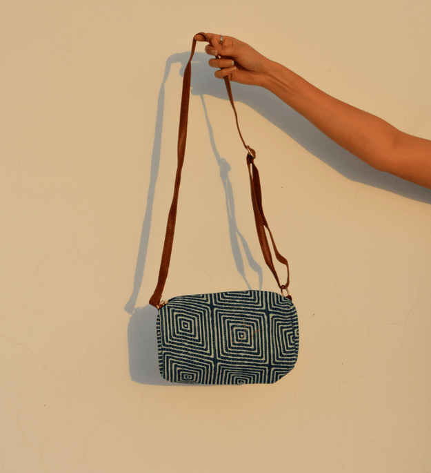 LocalLane Indigo Squares Hand Block Printed Sling Bag