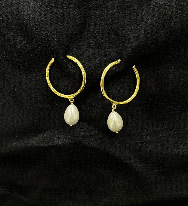 LocalLane Handcrafted Gold-Plated Pearl & Brass Small Hoops