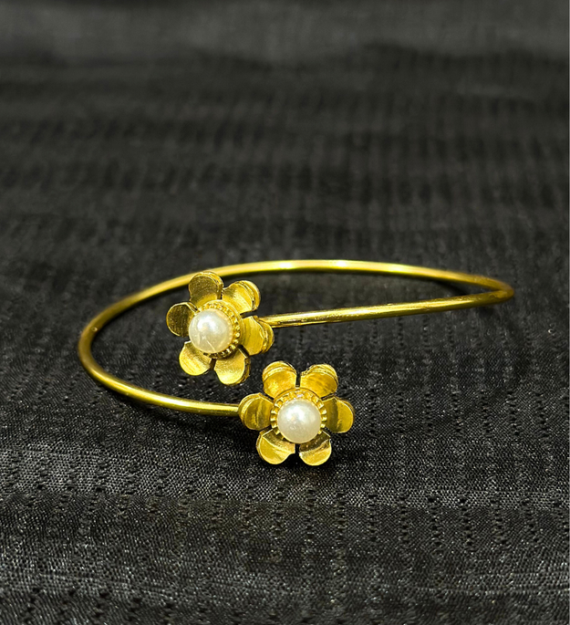 LocalLane Gold-Plated Fiesta Flower Pearl & Brass Adjustable Bracelet