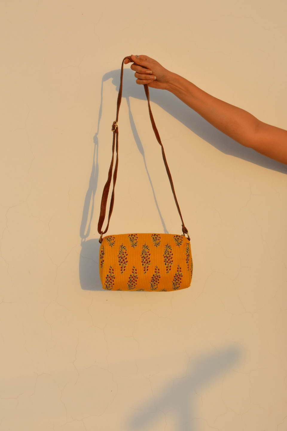 LocalLane Yellow Floral Hand Block Printed Sling Bag