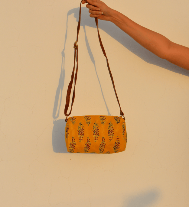 LocalLane Yellow Floral Hand Block Printed Sling Bag